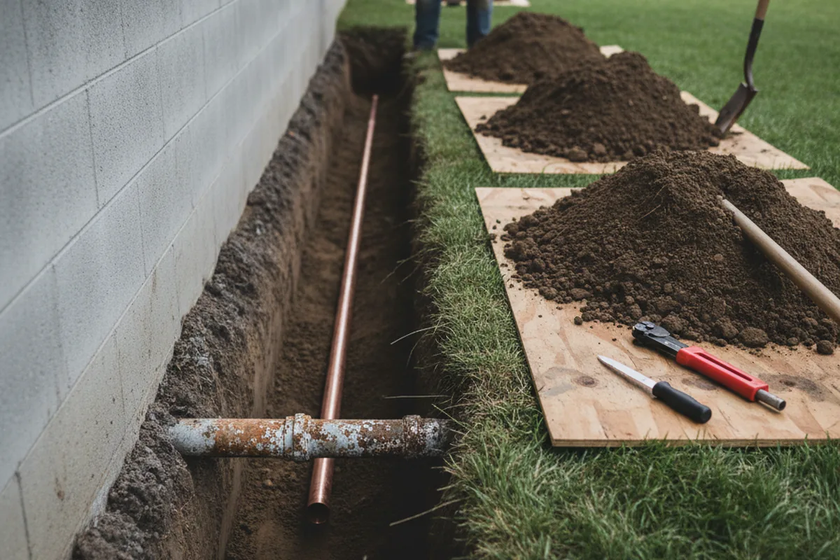 Excavated water line trench during Sewer Line Repair in New Salem